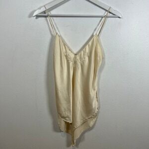 Vintage 100% Silk Bodysuit Cami Floral Embroidery Cream Scalloped Hem Size S M